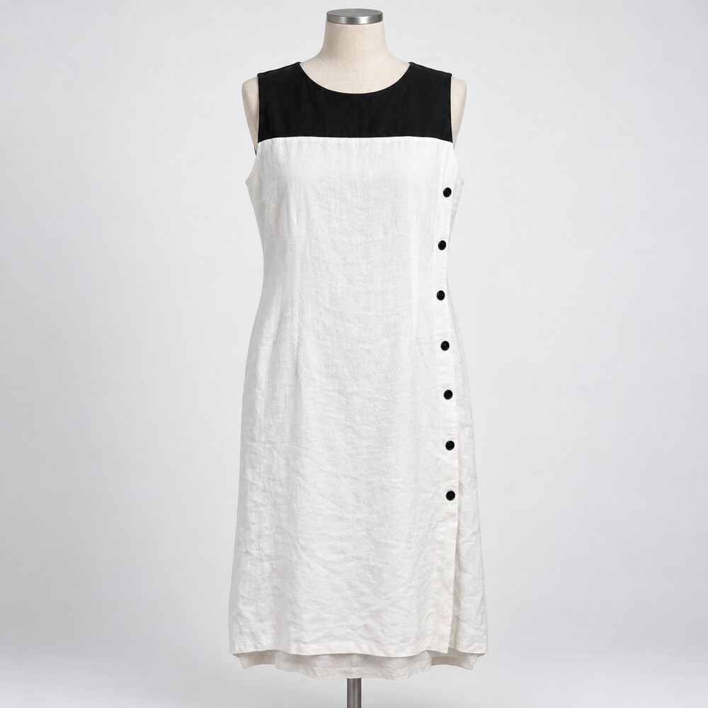 Ann Taylor 14 Linen Rayon Dress Black White Sleeveless Button Detail